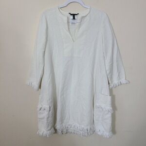 BCBG White Fringe M Mini Dress Lagenlook Coastal Cowgirl Boho Chic Peasant Chore